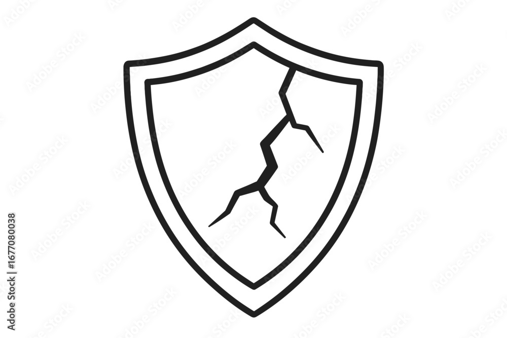 Poster broken shield icon concept of vulnerability and failed protection. cracked guard symbol for data bre