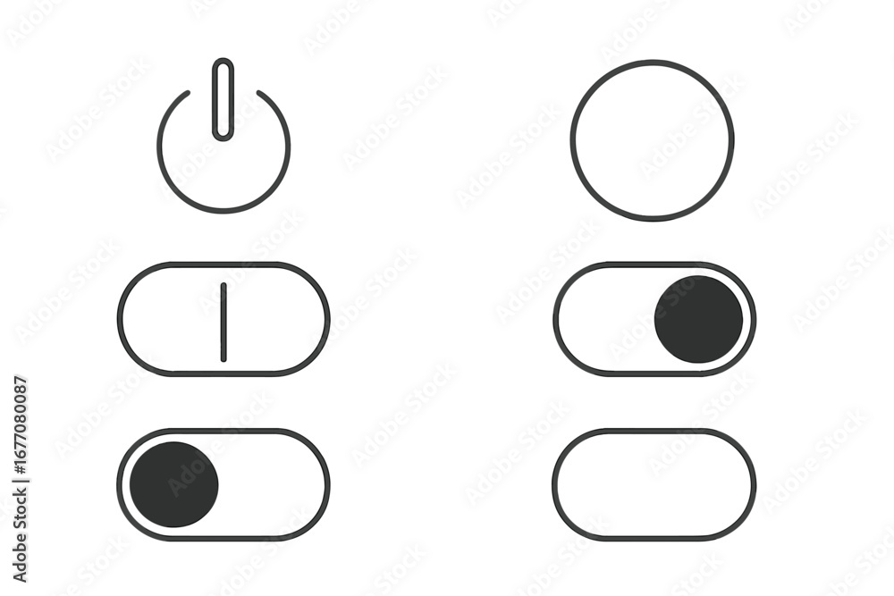 Poster on off switch toggle line icon collection. power button and slider for user interface. ui ux graphic