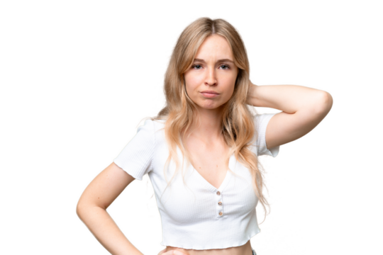 Young English woman over isolated background having doubts
