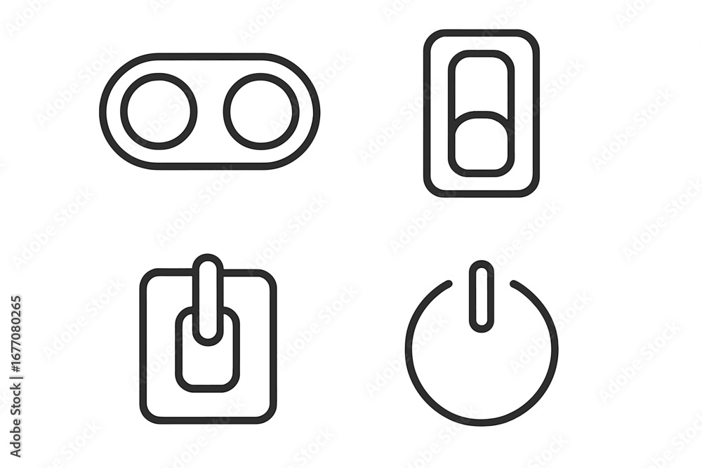 Poster on off switch line icon set. power button, toggle, rocker and lever symbols for ui ux design. start,