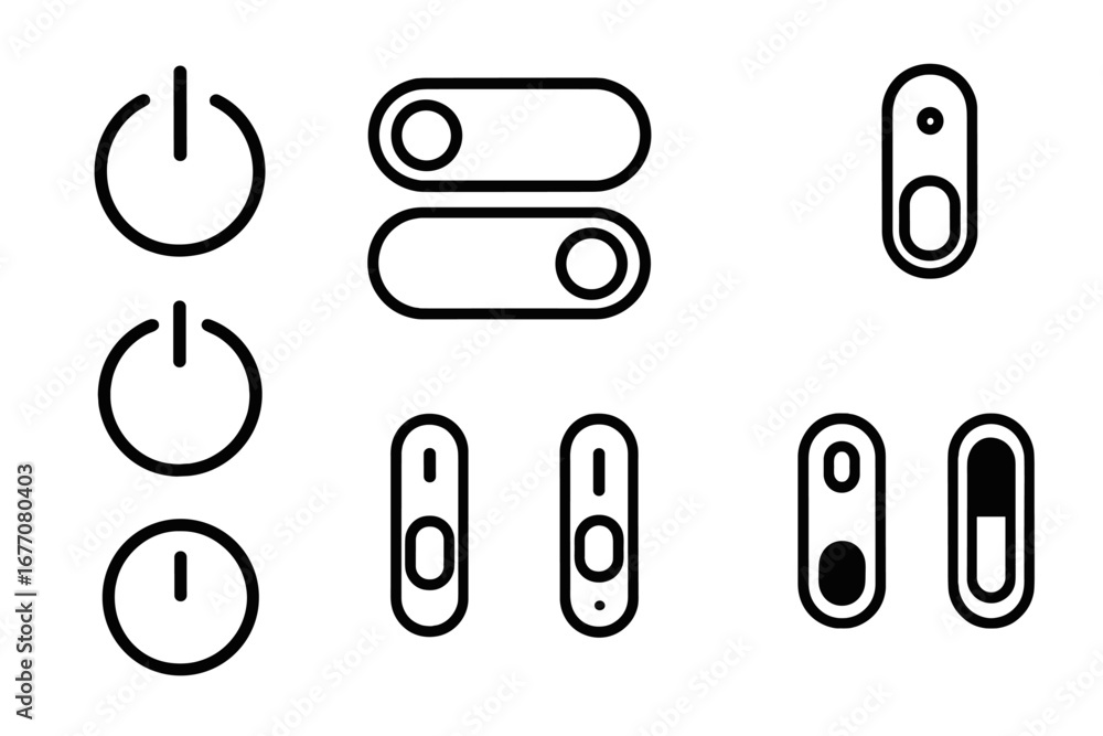 Poster on off switch thin line icon set. power button and toggle switch symbols for ui ux design. outline v