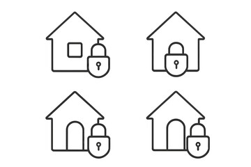 Home security icon set. House and padlock line art symbol. Concept of property protection, safety, and privacy. Real estate security. Locked house vector illustration collection.