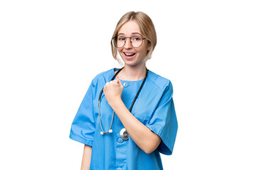 Young nurse English woman over isolated background celebrating a victory