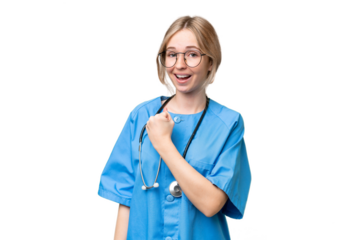 Young nurse English woman over isolated background celebrating a victory