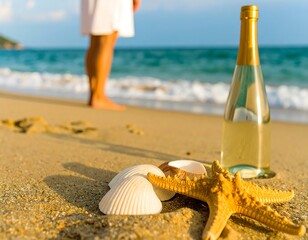 Beach scene with a bottle of wine and seashells