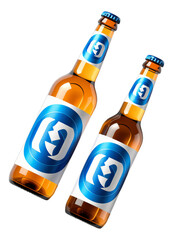 Orange Beer Bottles with Blue Labels, Glossy 3D Realism on Transparent Background