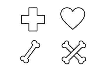 Health care and medical linear icon set. Vector pictograms include a plus cross for first aid, a heart for cardiology, a bone for orthopedics, and crossed bones for danger.