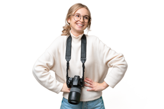 Young photographer English woman over isolated background posing with arms at hip and smiling - Powered by Adobe