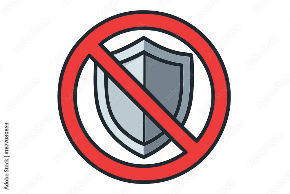 Poster no protection concept. security off. unsafe and vulnerable metaphor. warning sign. forbidden shield 