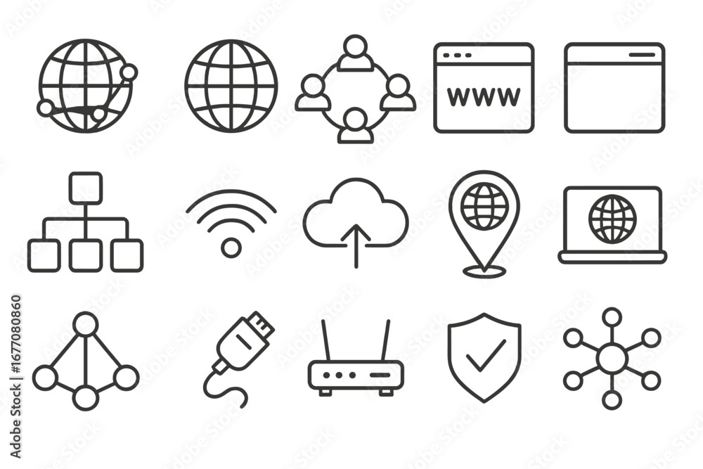 Poster network and internet line icon set. web technology, global communication, data, cloud computing, wif