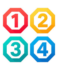 Octagonal Number Icons with Neon Colors on Transparent Background, Glossy Design Elements for Web Design