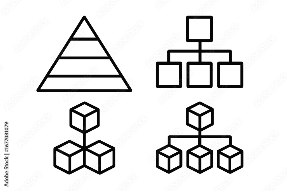 Poster set of hierarchy and structure line icons. pyramid diagram, organizational chart, and cube flowchart