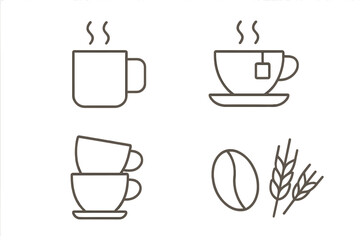Coffee and tea line icon set. Minimalist vector symbols for cafe menu, drinks, and beverages. Includes steaming cup, mug, teacup, coffee bean, and grain illustration.