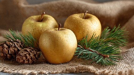 Still life of golden apples on burlap with bark chunks and pine sprigs