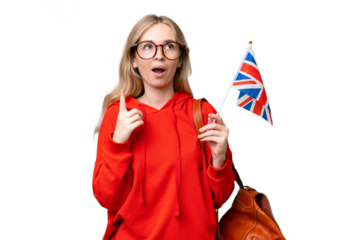 Young hispanic woman holding an United Kingdom flag over isolated background thinking an idea pointing the finger up