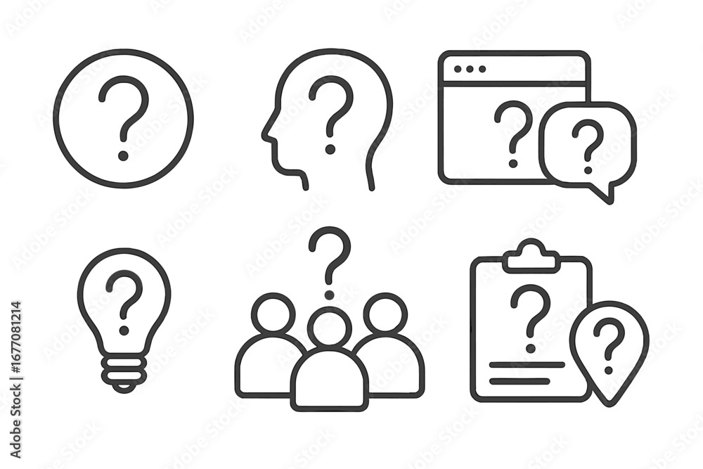 Poster question mark line icon set. faq, support, help desk signs. thinking head, problem solving, survey, 