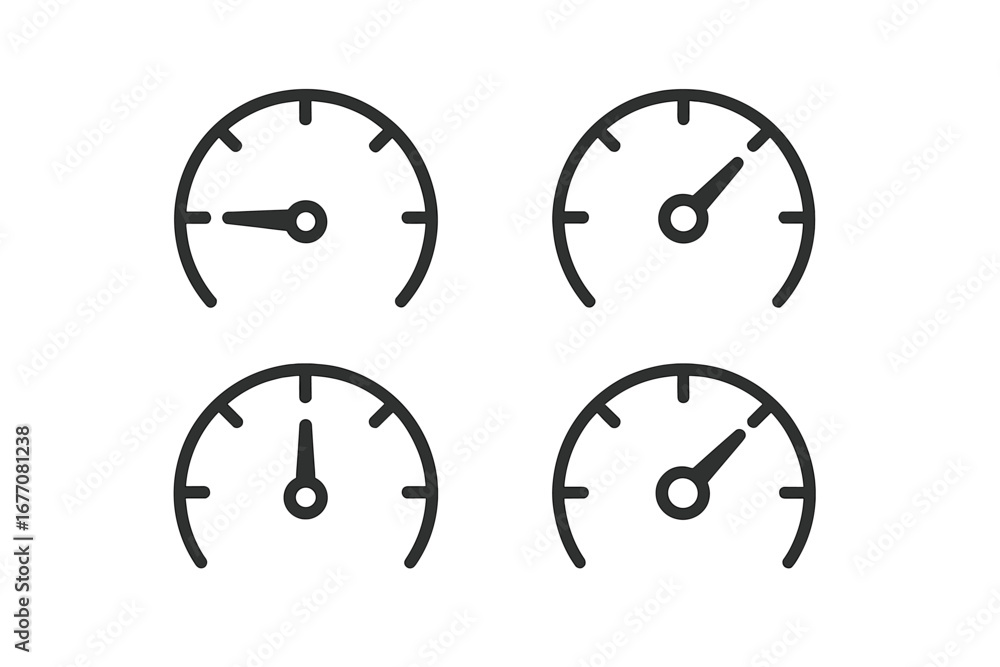 Poster speedometer gauge line icon collection. tachometer symbol for dashboard interface. concept of speed,