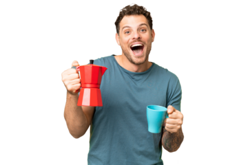 Brazilian man holding coffee pot over isolated chroma key background