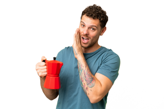 Brazilian man holding coffee pot over isolated chroma key background whispering something