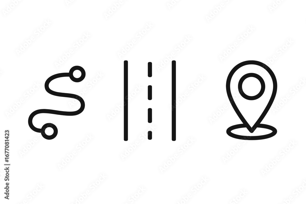 Poster set of navigation outline icons. route, path, road and map pin pointer. location, destination, journ