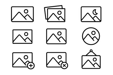 Picture line icon set. Photo gallery, image, and photograph symbols. Includes add, delete, framed, and landscape signs. For web design, UI, UX, apps. Vector outline pictogram.