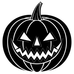 Black and white illustration of a scary jack-o'-lantern.