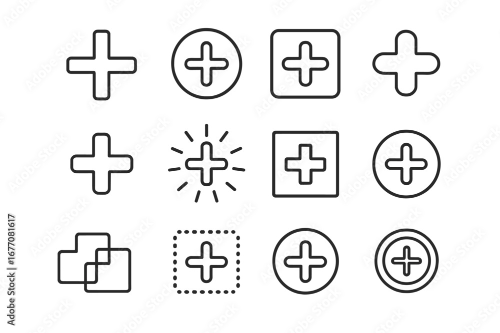 Poster plus icon set. add button collection. thin line outline vector symbols for web design, apps, and use
