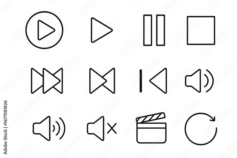 Poster media player control icon set. thin line vector symbols for web, mobile app ui ux design. play, paus