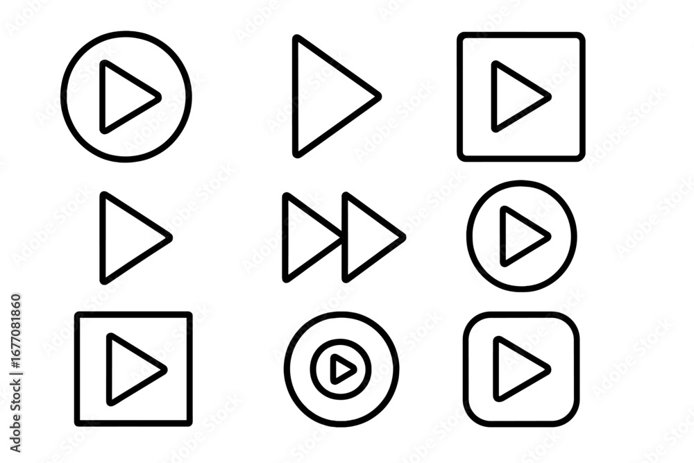 Poster play button line icon set. media player interface signs for web and app design. start, next, and for