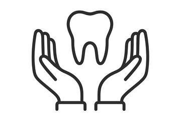 Obraz premium Hands holding a tooth. Dental care concept outline icon. Oral health and hygiene symbol. Dentistry, stomatology, and dental clinic logo. Tooth protection and insurance vector.
