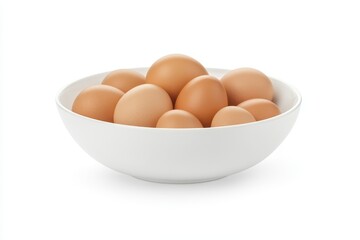 Fresh farm eggs filling a classic white bowl on a clean white surface