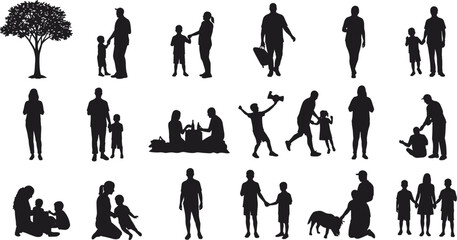 Family silhouette, parent and child, people walking, outdoor activity, tree silhouette, family picnic, playing kids, walking dog, mother and child, father figure, family love, parenting concept