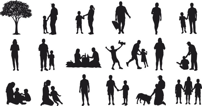 Family silhouette, parent and child, people walking, outdoor activity, tree silhouette, family picnic, playing kids, walking dog, mother and child, father figure, family love, parenting concept