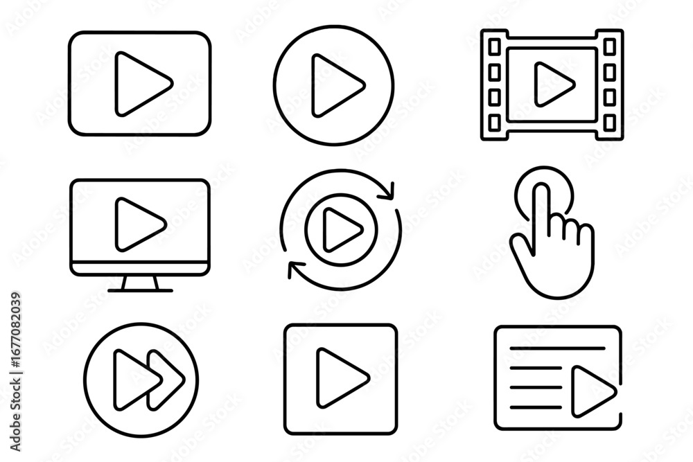 Poster play button line icon set. video media player signs for web design, apps, and user interface. start,