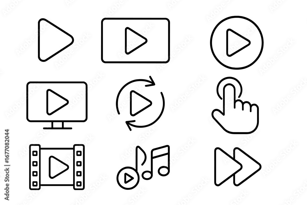 Poster play button line icon set. media player outline signs for web and graphic design. vector symbols for