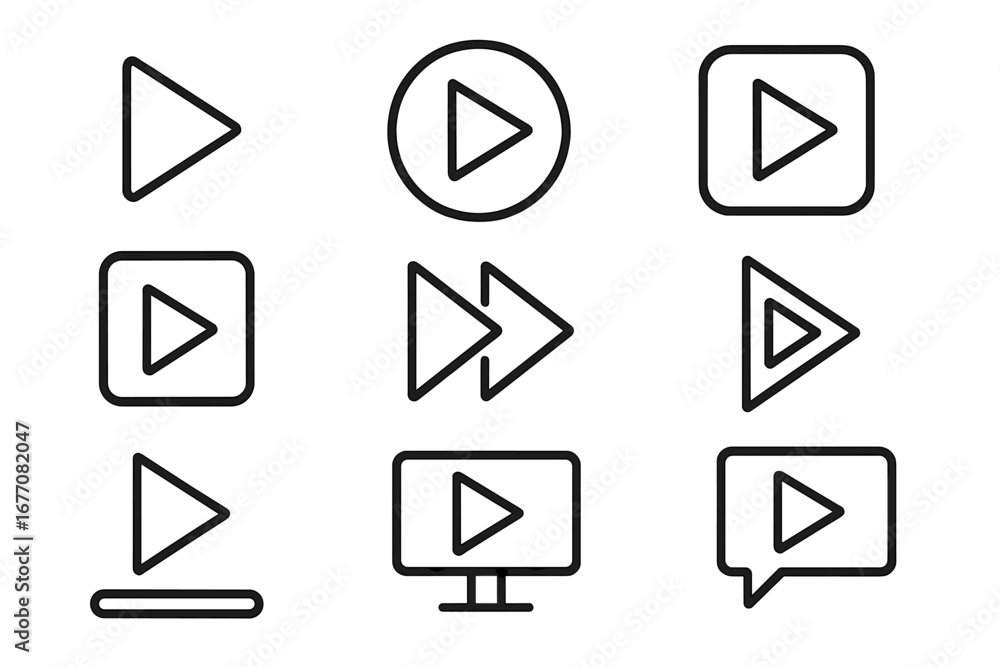 Poster play button icon set. video media player start symbol. ui ux interface elements. forward next arrow 