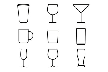 Glassware line icon set. Simple drink and beverage outline symbols. Vector collection of cocktail, wine, beer, water glass and mug. Editable stroke for web or app design.