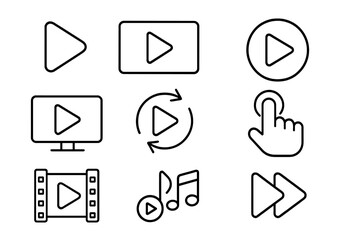 Play button line icon set. Media player outline signs for web and graphic design. Vector symbols for video, audio, music, apps. Start, forward, repeat interface elements.