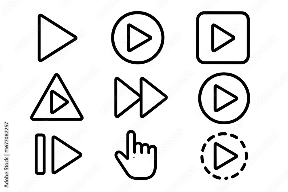 Poster play button thin line icon set. vector outline signs for media player interface. start, next, and fo