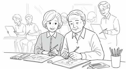 Senior art class featuring older adults engaged in painting, smiling at easel. Senior art class scene includes pencils, erasers, sketchbooks, and drawings on desks in classroom.