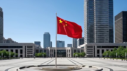 A red national china flag with yellow stars flying in the center of a paved city square in front of modern government buildings. - Powered by Adobe