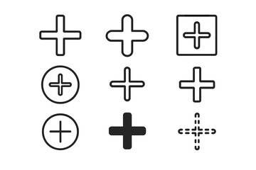 Plus sign icon set. Add, more, positive symbol collection. Line and glyph style icons for web design, UI, UX, mobile apps. Vector graphic element for interface button.