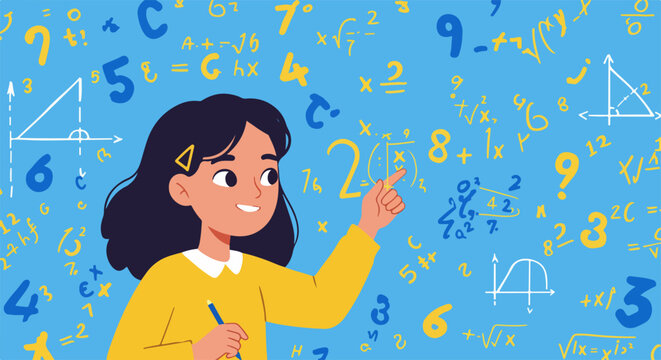 Girl learning mathematics with math formulas floating around, engaging in intellectual learning. Intellectual learning includes numerical problems with formulas, calculations, and equations,