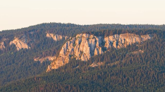 Drone aerial panorama of the famous Đeva rock cliff on Romanija mountain at sunset