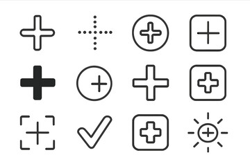Obraz premium Plus sign icon set. Add, more, positive, and cross symbols. Outline and glyph vector collection for web design, apps, UI UX interface. Includes checkmark & focus icons.