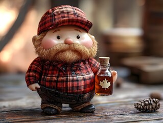 Cozy Canadian lumberjack toy holding maple syrup