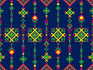 Seamless native tribal geometric ethnic boho pattern vector in neon style set on a blue background perfect for abstract digital art cultural surface themes and stylish decorative design.