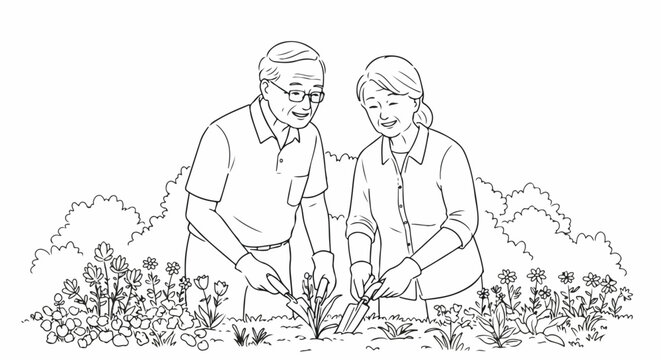 Senior couple gardening together in springtime, line art illustration on white. Senior couple gardening shows retirement activities as pair works tending to plants and flowers, - Powered by Adobe