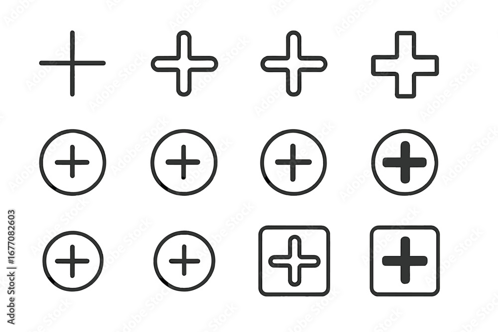 Poster plus sign line icon set. add, more, positive and new item buttons collection. outline pictograms for