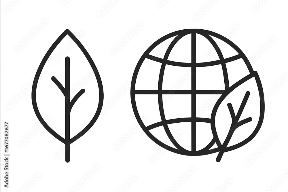Poster ecology and environment icon set. globe with leaf symbol. planet earth linear logo. save the world c